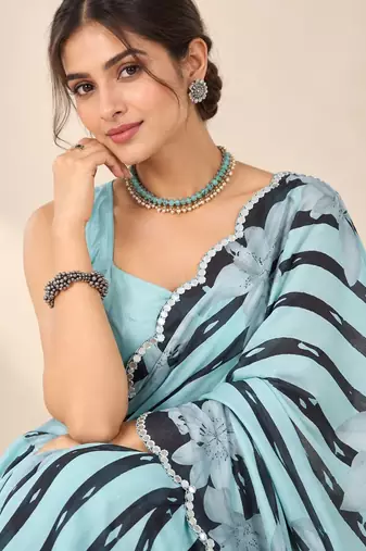 aqua blue heavy silk blend printed saree with pape mirror work & mirror border