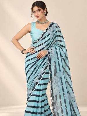 aqua blue heavy silk blend printed saree with pape mirror work & mirror border 3