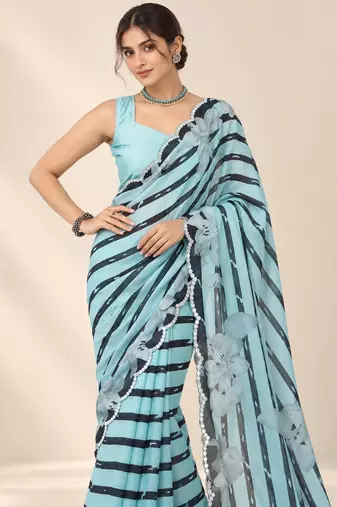 aqua blue heavy silk blend printed saree with pape mirror work & mirror border