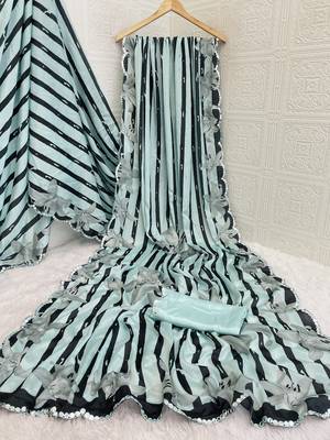 aqua blue heavy silk blend printed saree with pape mirror work & mirror border 4