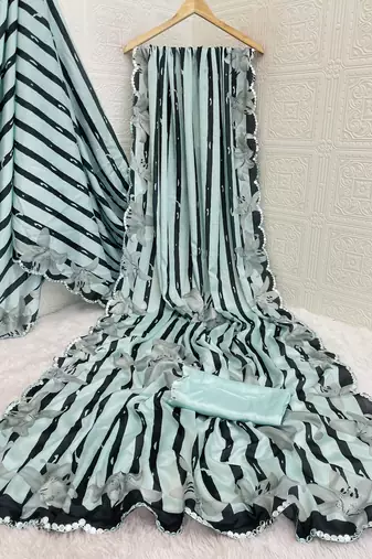 aqua blue heavy silk blend printed saree with pape mirror work & mirror border