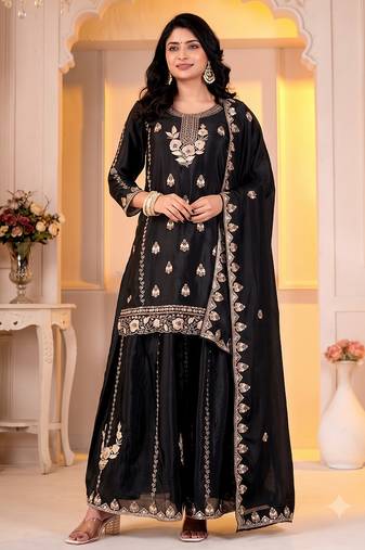 Women's black embroidered kurta with sharara and dupatta set