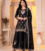 Women's black embroidered kurta with sharara and dupatta set