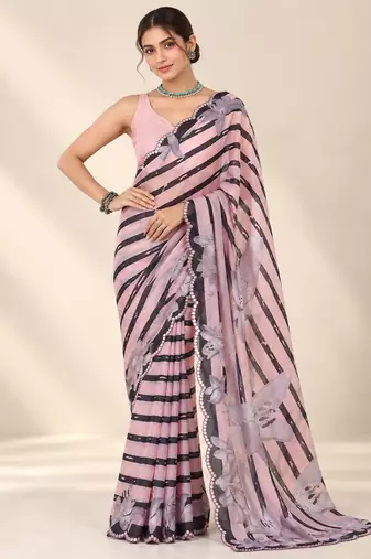 pink heavy silk blend printed saree with pape mirror work & mirror border