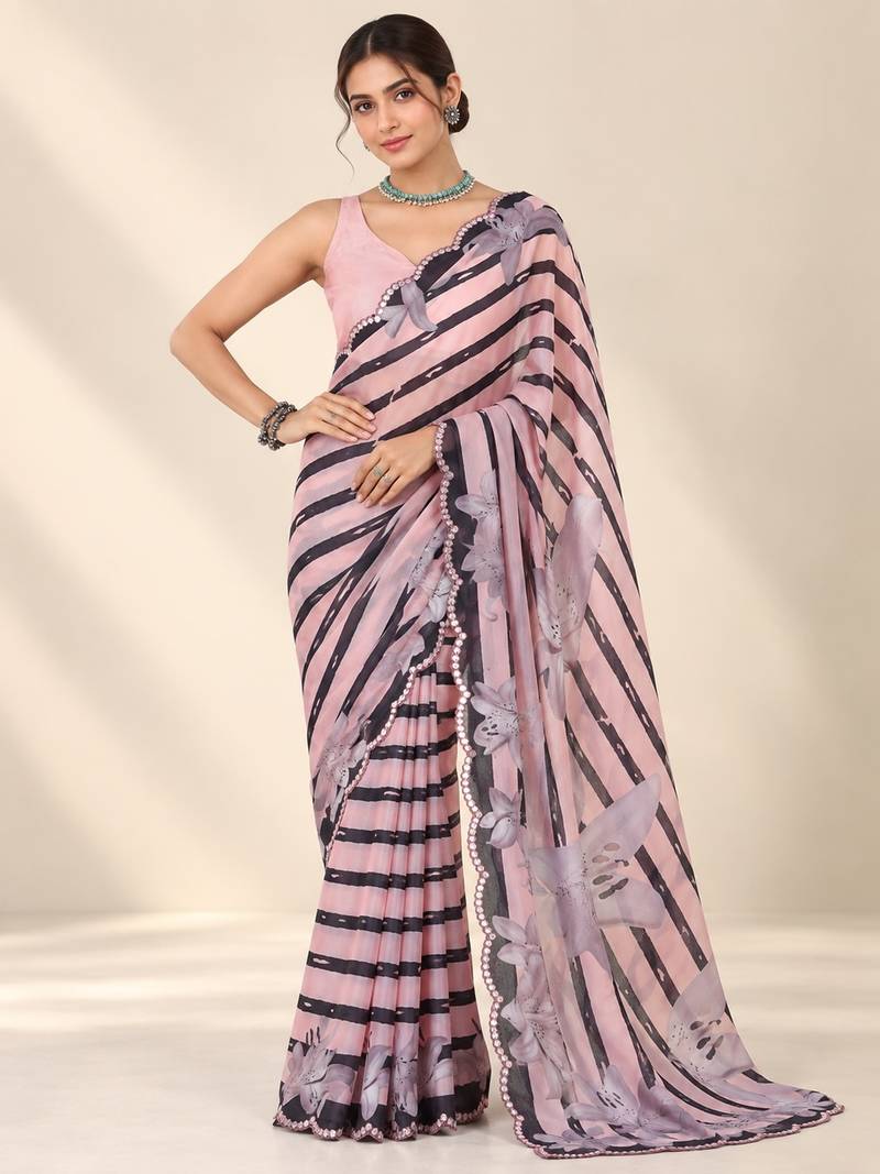 pink heavy silk blend printed saree with pape mirror work & mirror border