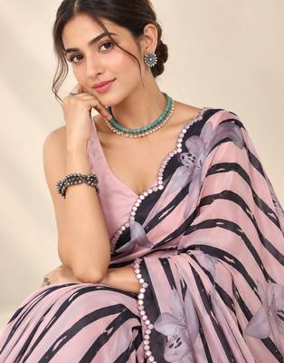 pink heavy silk blend printed saree with pape mirror work & mirror border 2