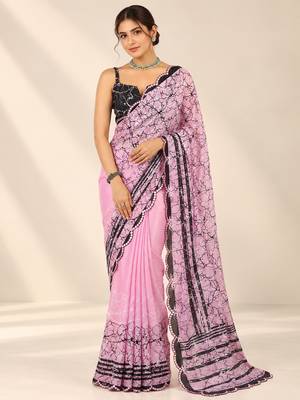 light pink heavy silk blend printed saree with pape mirror work & mirror border 1