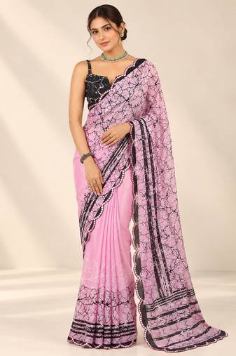 light pink heavy silk blend printed saree with pape mirror work & mirror border