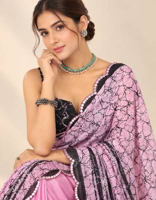 light pink heavy silk blend printed saree with pape mirror work & mirror border 2