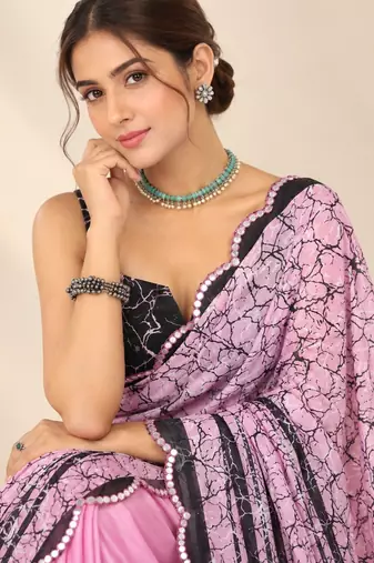 light pink heavy silk blend printed saree with pape mirror work & mirror border