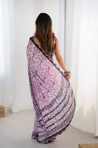 light pink heavy silk blend printed saree with pape mirror work & mirror border