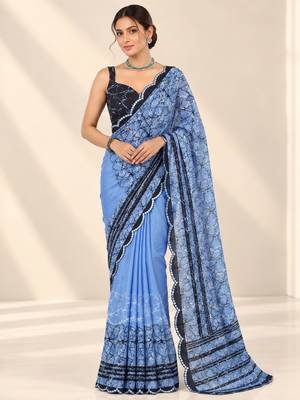 blue heavy silk blend printed saree with pape mirror work & mirror border 1