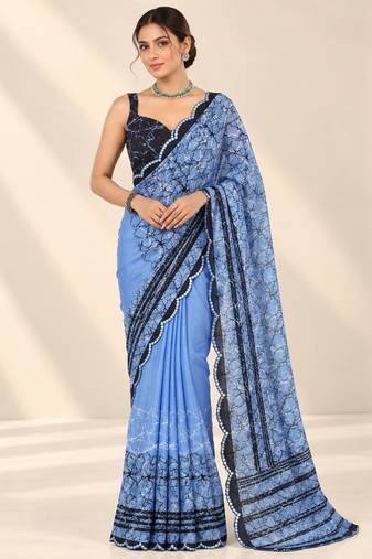 blue heavy silk blend printed saree with pape mirror work & mirror border