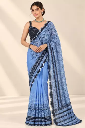 blue heavy silk blend printed saree with pape mirror work & mirror border
