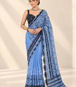 blue heavy silk blend printed saree with pape mirror work & mirror border