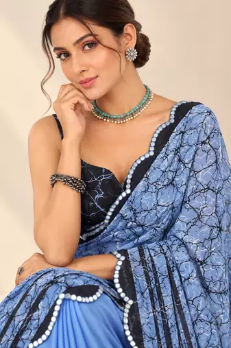 blue heavy silk blend printed saree with pape mirror work & mirror border