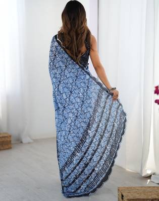 blue heavy silk blend printed saree with pape mirror work & mirror border 3
