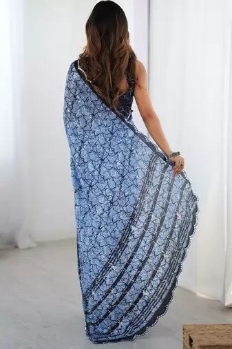 blue heavy silk blend printed saree with pape mirror work & mirror border