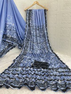 blue heavy silk blend printed saree with pape mirror work & mirror border 4
