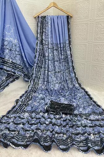 blue heavy silk blend printed saree with pape mirror work & mirror border