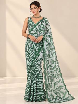 green heavy silk blend printed saree with pape mirror work & mirror border 1