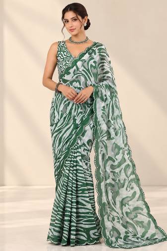 green heavy silk blend printed saree with pape mirror work & mirror border