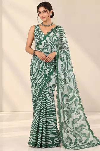 green heavy silk blend printed saree with pape mirror work & mirror border