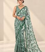 green heavy silk blend printed saree with pape mirror work & mirror border