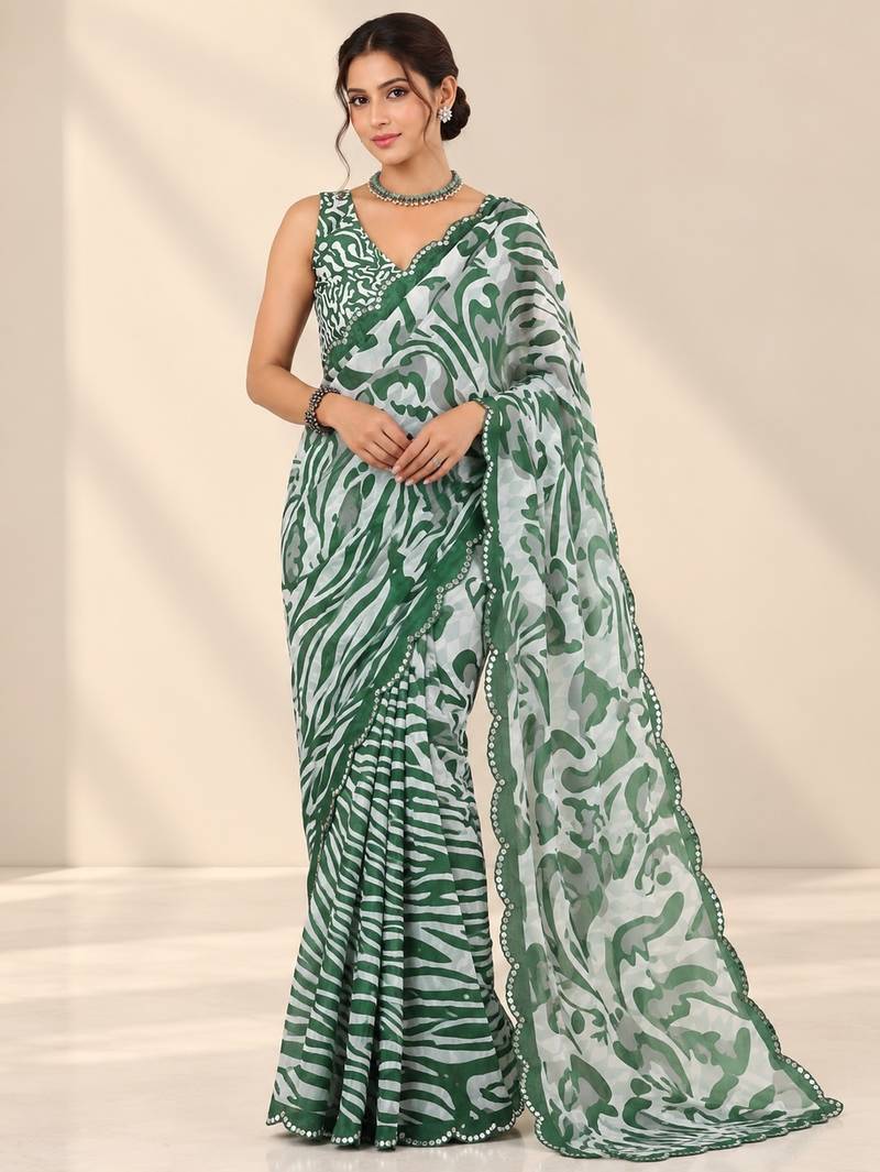 green heavy silk blend printed saree with pape mirror work & mirror border