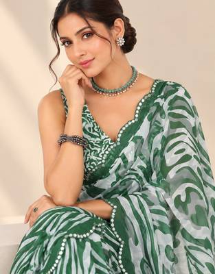 green heavy silk blend printed saree with pape mirror work & mirror border 2