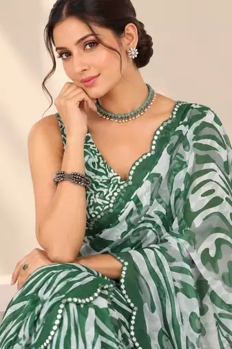 green heavy silk blend printed saree with pape mirror work & mirror border