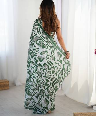 green heavy silk blend printed saree with pape mirror work & mirror border 3