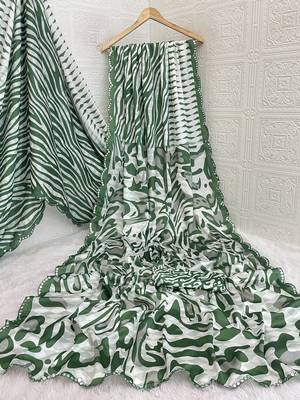 green heavy silk blend printed saree with pape mirror work & mirror border 4