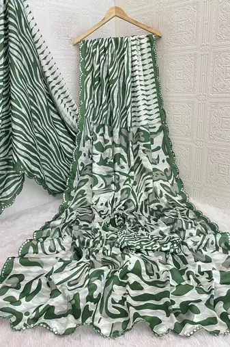 green heavy silk blend printed saree with pape mirror work & mirror border