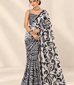 black heavy silk blend printed saree with pape mirror work & mirror border