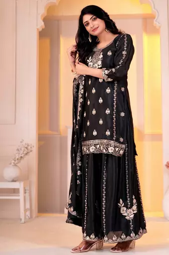Women's black embroidered kurta with sharara and dupatta set