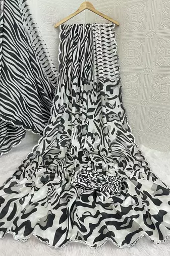 black heavy silk blend printed saree with pape mirror work & mirror border