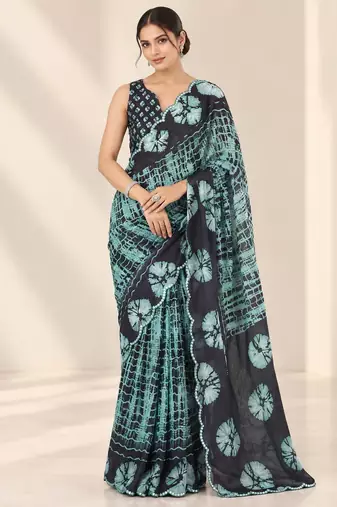 teal heavy silk blend printed saree with pape mirror work & mirror border