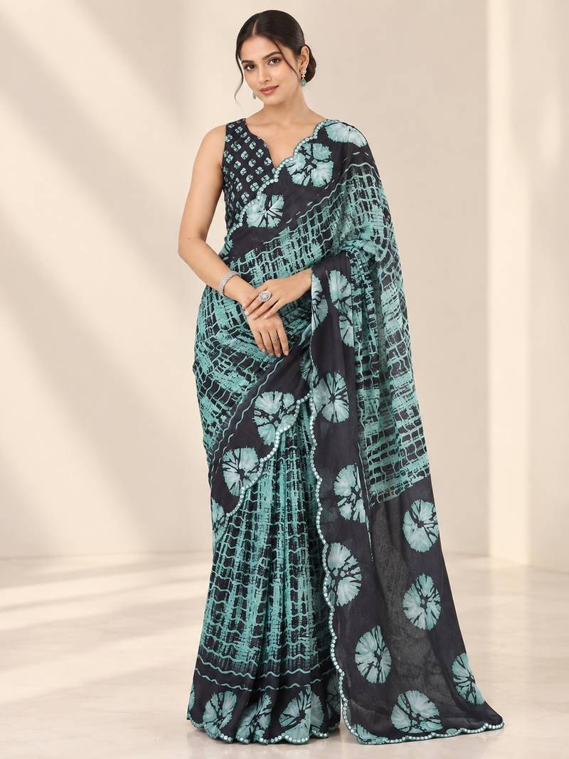 teal heavy silk blend printed saree with pape mirror work & mirror border