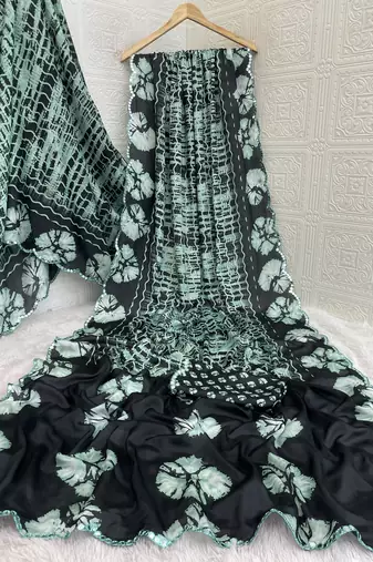 teal heavy silk blend printed saree with pape mirror work & mirror border