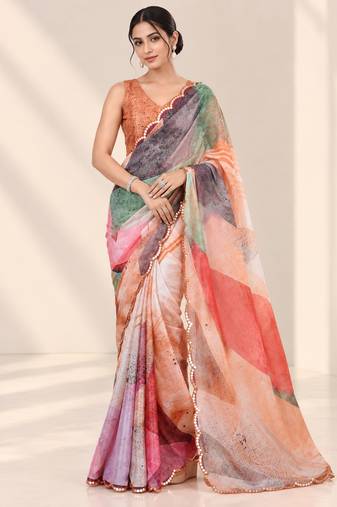 multicolor heavy silk blend printed saree with pape mirror work & mirror border