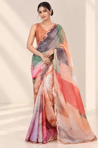multicolor heavy silk blend printed saree with pape mirror work & mirror border