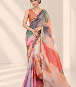 multicolor heavy silk blend printed saree with pape mirror work & mirror border