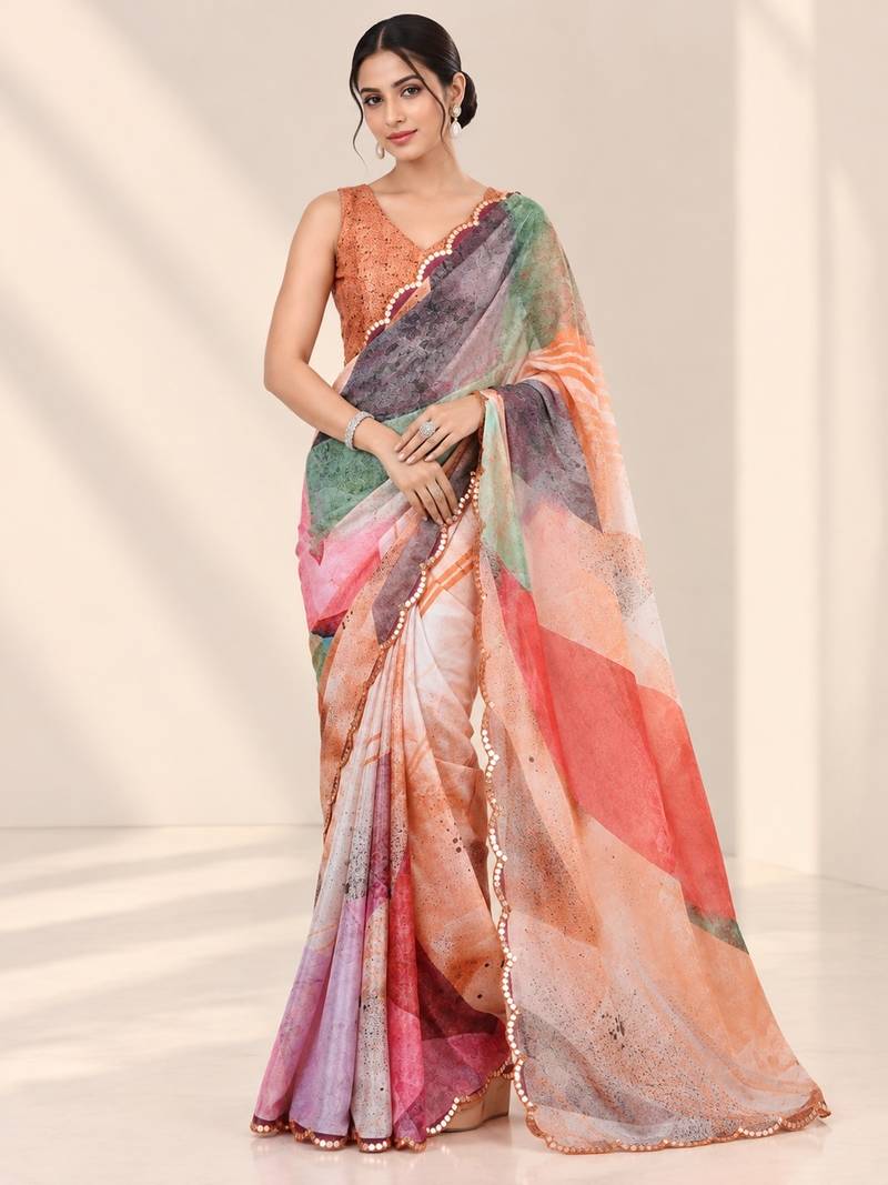multicolor heavy silk blend printed saree with pape mirror work & mirror border