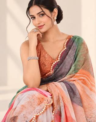 multicolor heavy silk blend printed saree with pape mirror work & mirror border 2