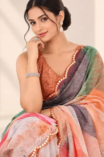 multicolor heavy silk blend printed saree with pape mirror work & mirror border