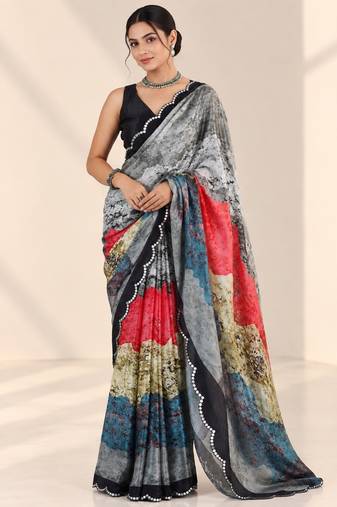 multicolor heavy silk blend printed saree with pape mirror work & mirror border