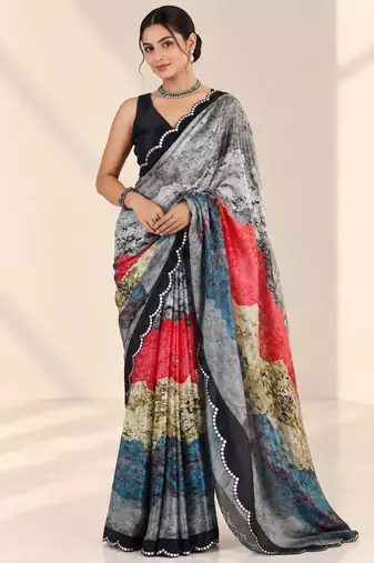 multicolor heavy silk blend printed saree with pape mirror work & mirror border