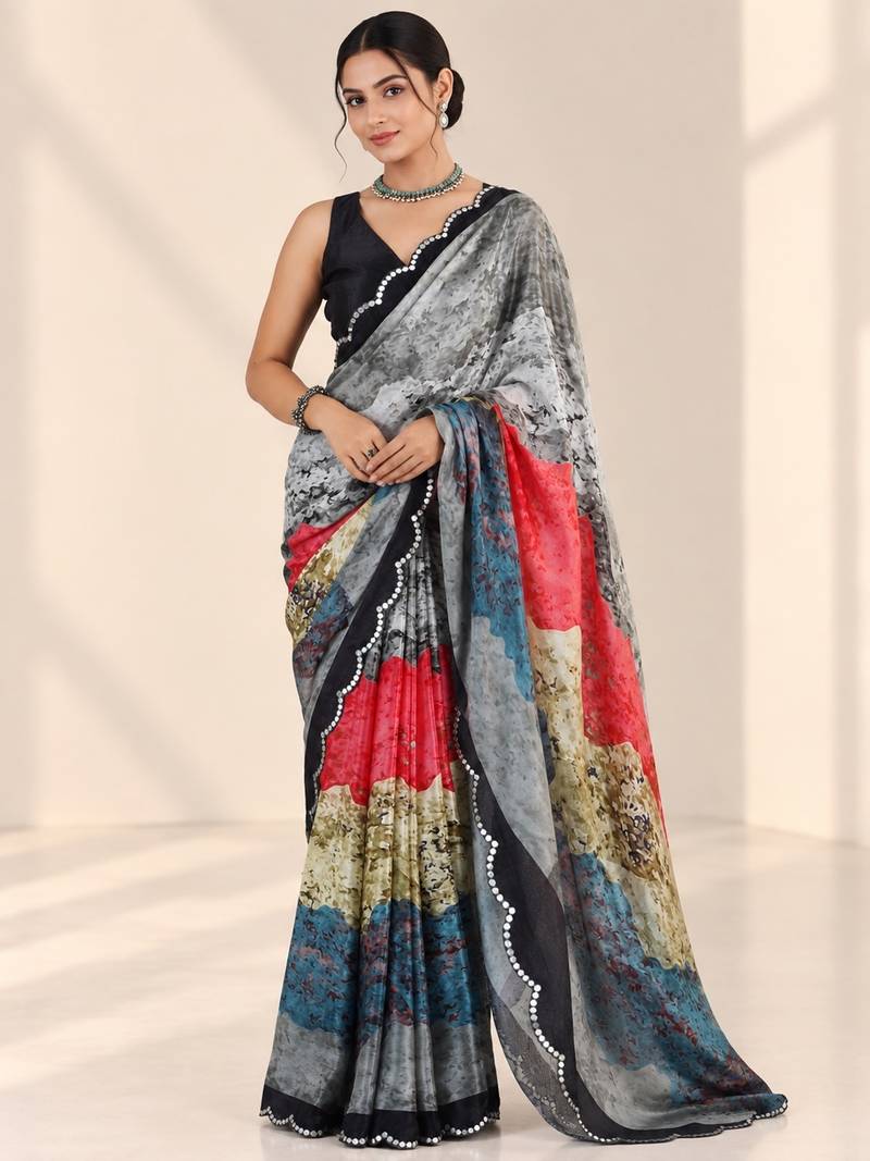 multicolor heavy silk blend printed saree with pape mirror work & mirror border