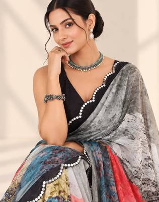 multicolor heavy silk blend printed saree with pape mirror work & mirror border 2
